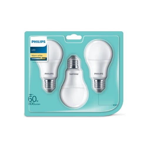 Set 3 becuri LED Philips A60, 8 W (echiv. 60 W), 806 lm, 2700 K, E27