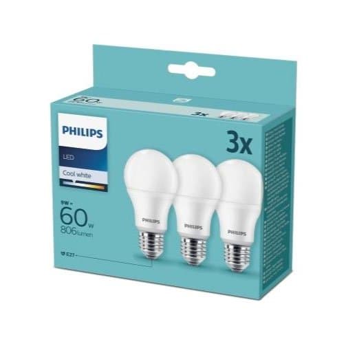 Set 3 becuri LED Philips A60, 8 W (echiv. 60 W), 806 lm, 4000 K, E27