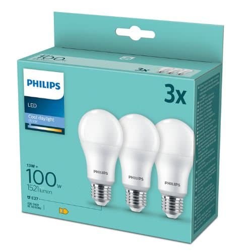 Set 3 becuri LED Philips A67, 13 W (echiv. 100 W), 1521 lm, 6500 K, E27